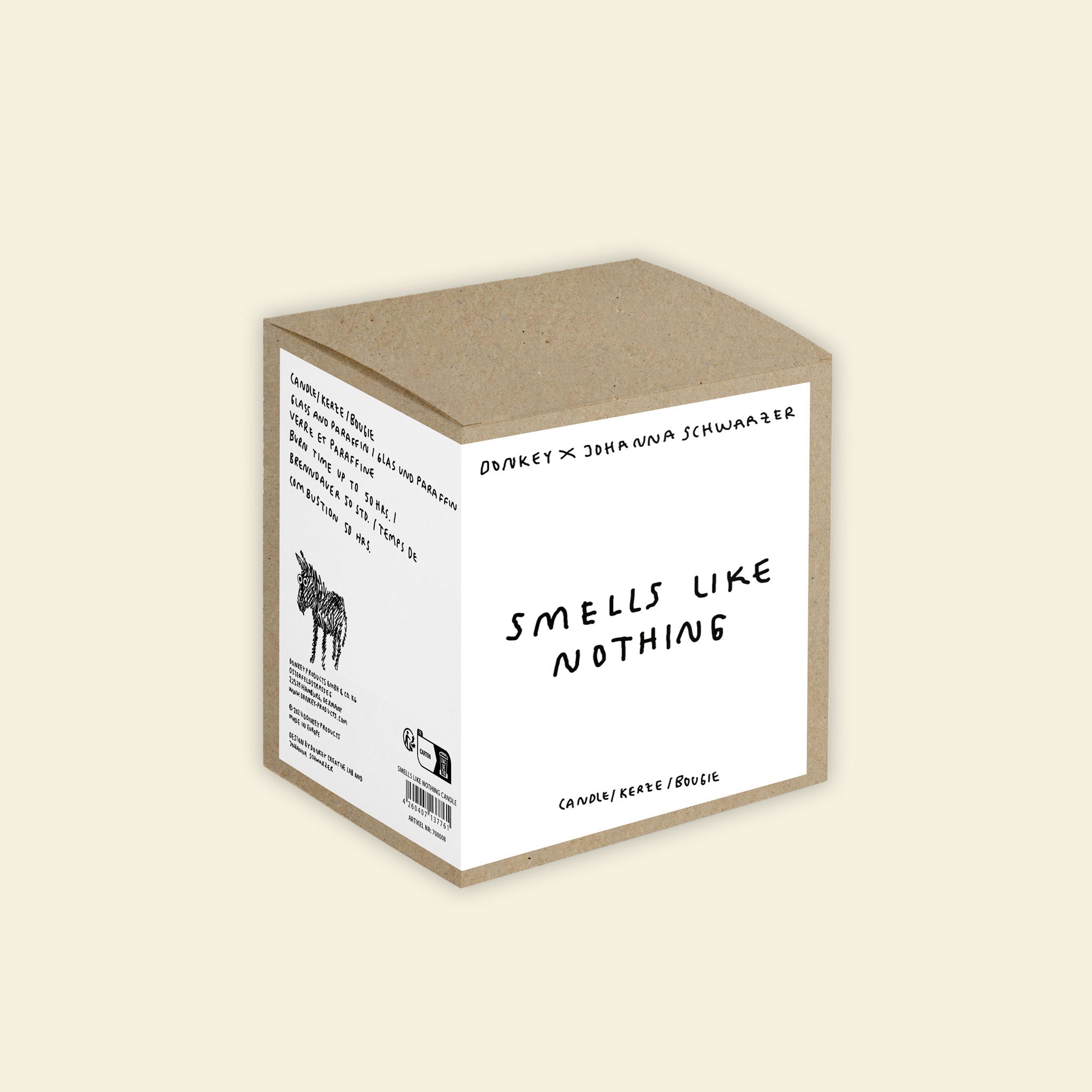 Verpackung der Kerze "Smells like nothing" aus der Cozy Home Collection by Johanna Schwarzer x Donkey